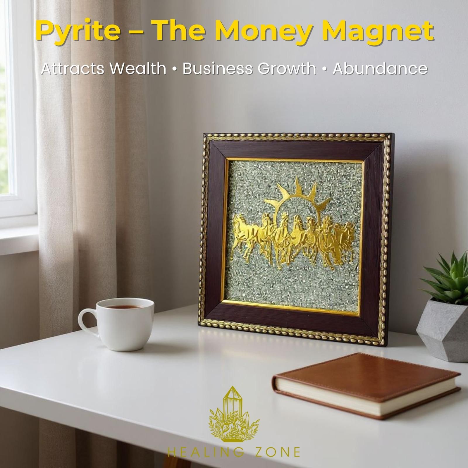HEALING ZONE 7 Horses on Raw Pyrite Frame - amazino