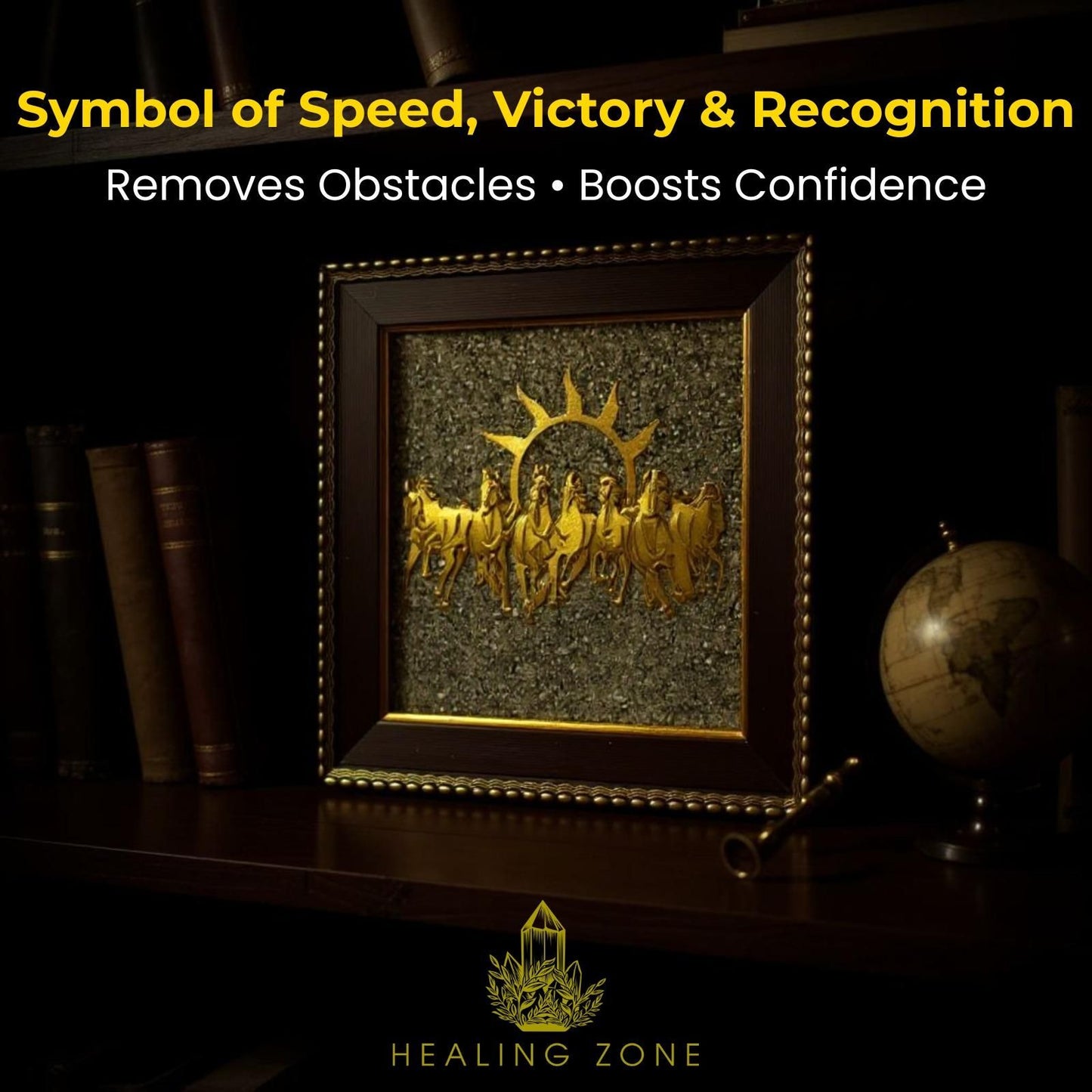 HEALING ZONE 7 Horses on Raw Pyrite Frame - amazino