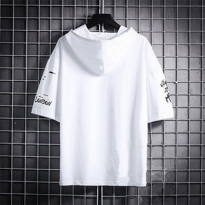 Cotton Color Block Half Sleeves Hooded Neck Mens T-Shirt