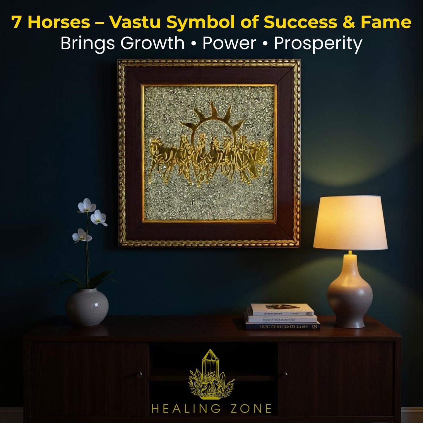 HEALING ZONE 7 Horses on Raw Pyrite Frame - amazino